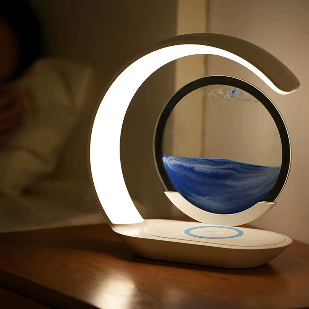 3D Quicksand Table Lamp with USB Wireless Charging – Rotating Hourglass Sand Art Night Light, Modern LED Desk Lamp for Bedroom, Office & Living Room Decor, Relaxing Moving Sand Painting Ornament, Aesthetic Bedside Lamp
