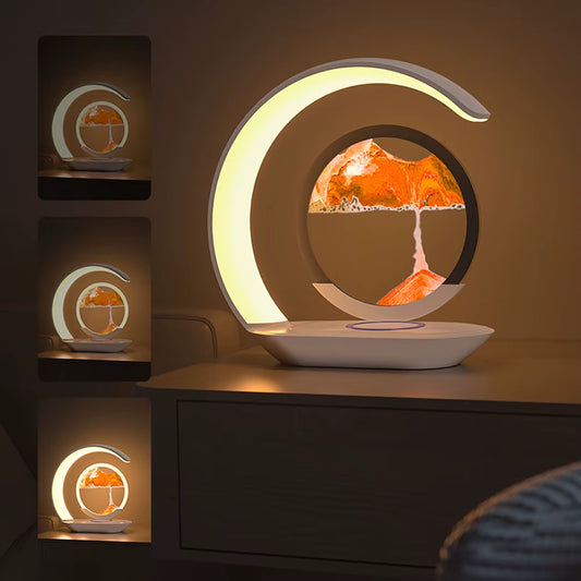 3D Quicksand Table Lamp with USB Wireless Charging – Rotating Hourglass Sand Art Night Light, Modern LED Desk Lamp for Bedroom, Office & Living Room Decor, Relaxing Moving Sand Painting Ornament, Aesthetic Bedside Lamp