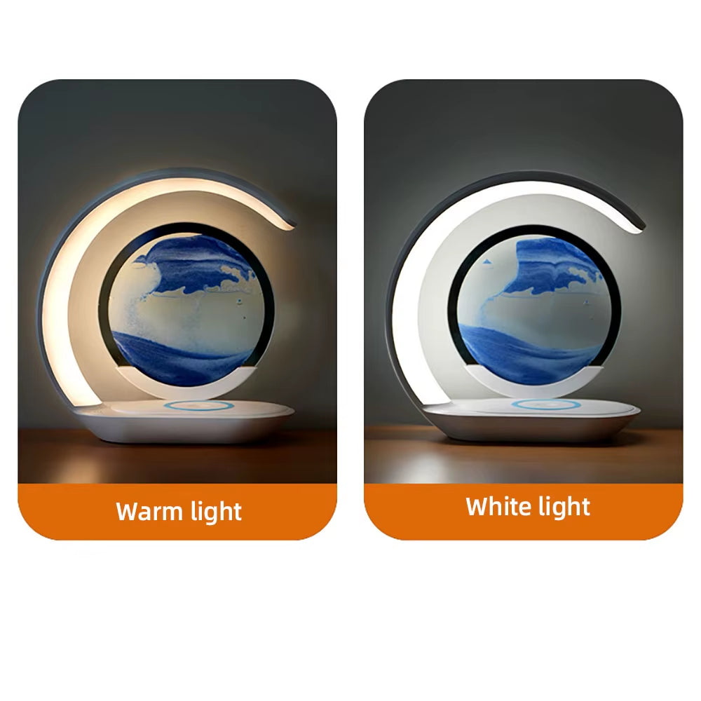 3D Quicksand Table Lamp with USB Wireless Charging – Rotating Hourglass Sand Art Night Light, Modern LED Desk Lamp for Bedroom, Office & Living Room Decor, Relaxing Moving Sand Painting Ornament, Aesthetic Bedside Lamp