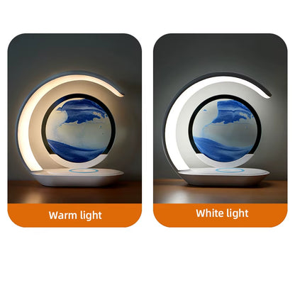 3D Quicksand Table Lamp with USB Wireless Charging – Rotating Hourglass Sand Art Night Light, Modern LED Desk Lamp for Bedroom, Office & Living Room Decor, Relaxing Moving Sand Painting Ornament, Aesthetic Bedside Lamp
