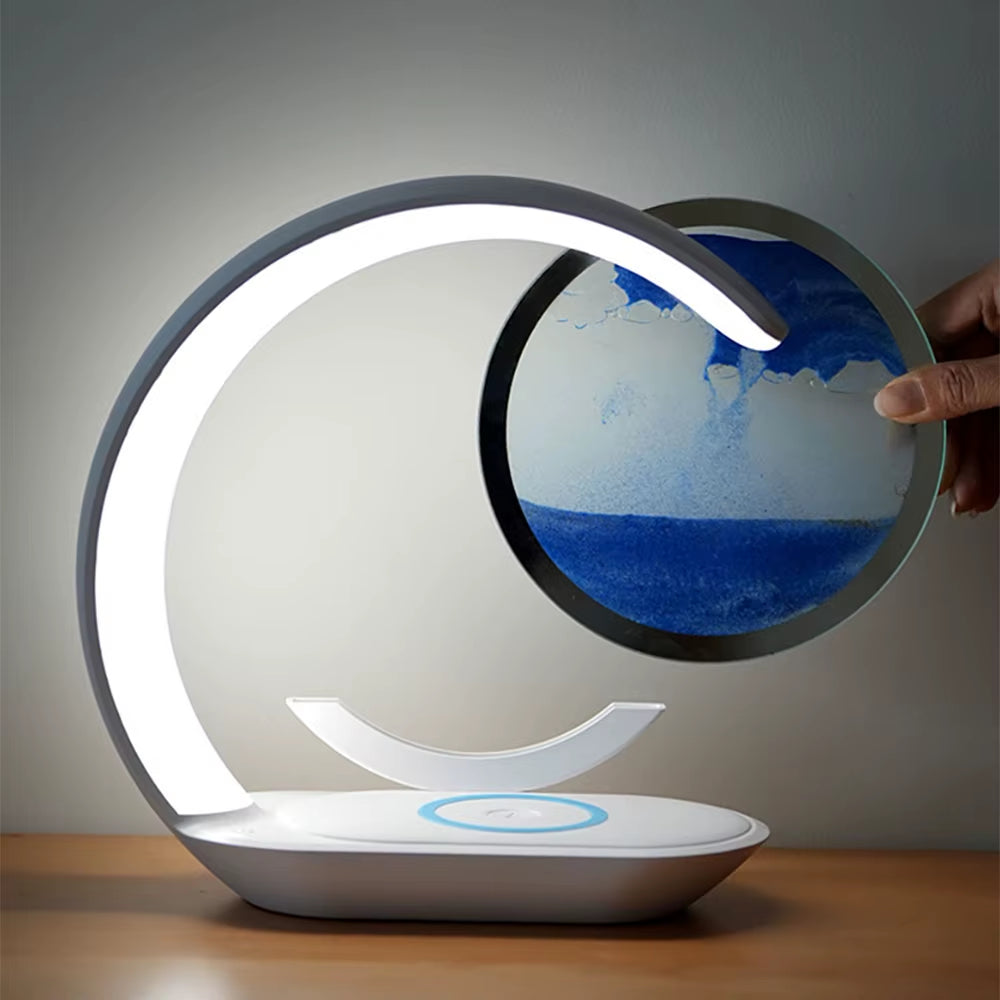 3D Quicksand Table Lamp with USB Wireless Charging – Rotating Hourglass Sand Art Night Light, Modern LED Desk Lamp for Bedroom, Office & Living Room Decor, Relaxing Moving Sand Painting Ornament, Aesthetic Bedside Lamp