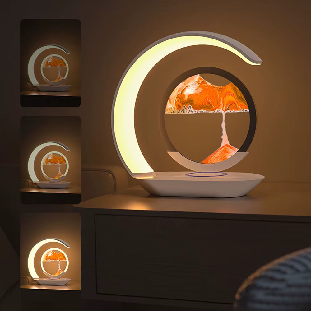 3D Quicksand Table Lamp with USB Wireless Charging – Rotating Hourglass Sand Art Night Light, Modern LED Desk Lamp for Bedroom, Office & Living Room Decor, Relaxing Moving Sand Painting Ornament, Aesthetic Bedside Lamp