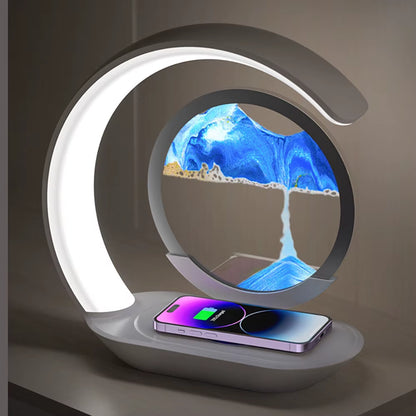 3D Quicksand Table Lamp with USB Wireless Charging – Rotating Hourglass Sand Art Night Light, Modern LED Desk Lamp for Bedroom, Office & Living Room Decor, Relaxing Moving Sand Painting Ornament, Aesthetic Bedside Lamp