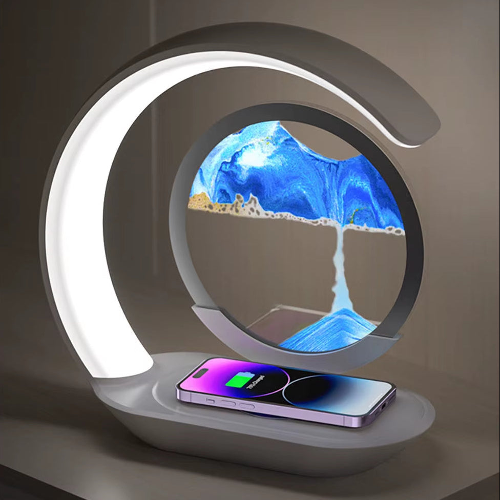 3D Quicksand Table Lamp with USB Wireless Charging – Rotating Hourglass Sand Art Night Light, Modern LED Desk Lamp for Bedroom, Office & Living Room Decor, Relaxing Moving Sand Painting Ornament, Aesthetic Bedside Lamp